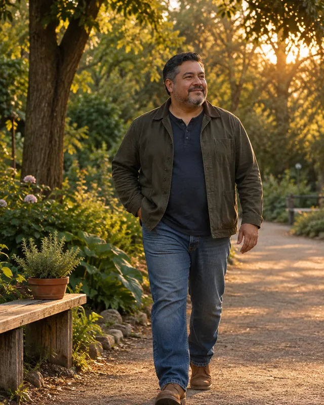 A man in a casual jacket walking along a leafy park path at golden hour