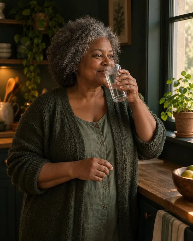 An older woman with grey curls drinking a glass of water by a sunny kitchen window