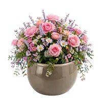 A pot of mixed garden flowers in full bloom