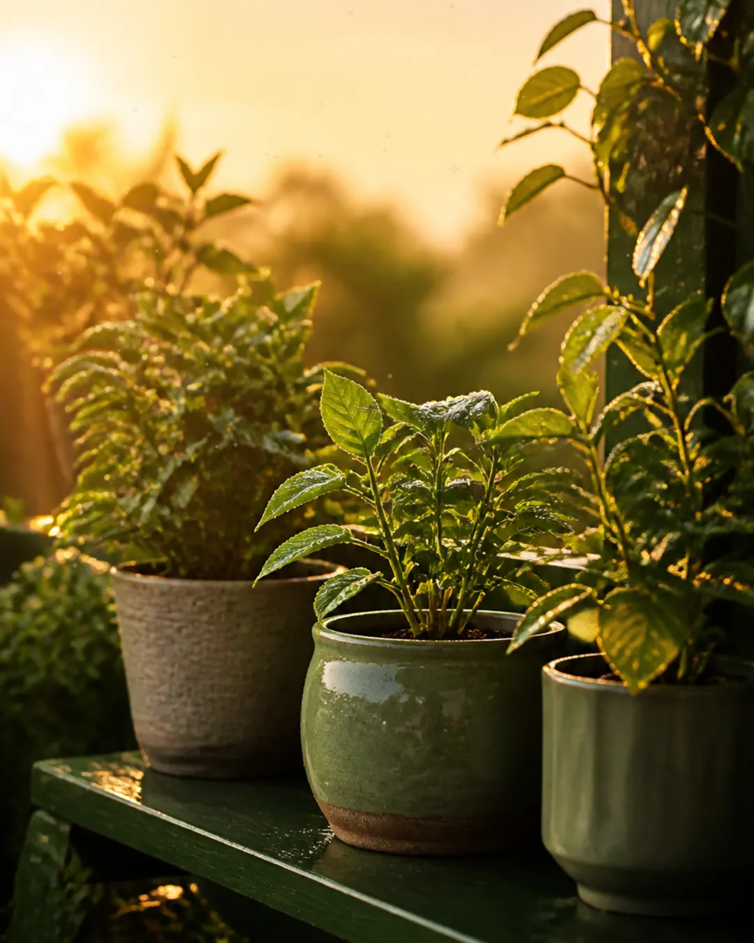 Potted green plants on a windowsill, glowing in warm evening sun